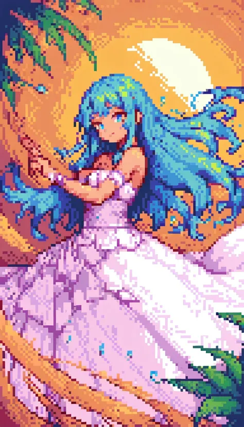 A beautiful anime girl, ultra-detailed pixel art, vibrant 128-bit colors, masterpiece 2D illustration, intricate linework, delicate facial features, porcelain skin, flowing hair, elegant pose, serene expression, lush natural background, glowing lighting, w...