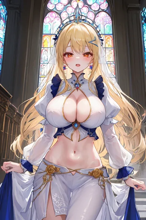 masterpiece，8K，A woman with big tits，Gorgeous woman，transparent，Long blond hair，big hair，((hime cut))，Gorgeous jewelry，Crystal Hair Accessories，Cleavage，pubic，In front of the altar of the majestic church、Brighter light，半transparent，(Elegant gloss）、((Puffy ...