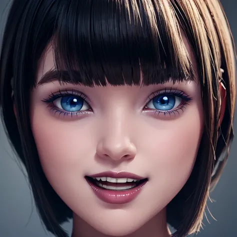 Alone, Beautiful face with big blue eyes, White skin, short black hair bob style, with bangs,  voluminous lips and open mouth showing vampire fangs, SMILE, wallpaper fanart 