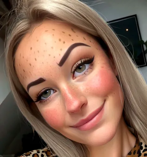 blond woman with freckles and a leopard print shirt smiling, full face frontal centred, thin eyebrows, relaxed eyebrows, very light freckles, 3 2 - year - old, holly bruce, thick eyebrows, large eyebrows, profile image, kirsi salonen, richly defined face, ...