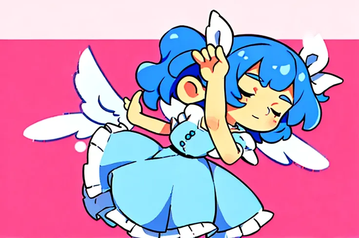 masterpiece, best quality, 1girl, , , 10 years old, medium blue hair, hair flaps, pink ribbon on head, well-formed face, blue eyes, angel girl, white blouse, puffy short sleeves, red ribbon, angel wings, long white skirt, red shoes, frills, ribbon head, fr...