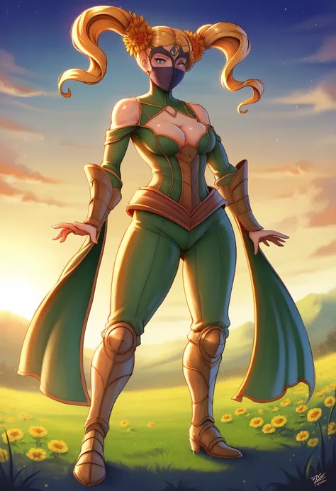 (best qualityer,4K,8K,high resolution,work of art:1.2),ultra-detailed,(best qualityer,realisitic:1.2), Adorable woman, beautiful shaman, wearing mask made of wood, poppy flower field, portraite, Standing in an s-shape, Green washers, sexy chest, 4K , great...