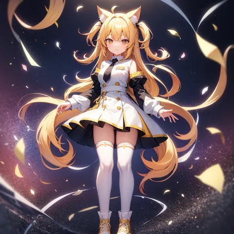 ((White knee-high socks)),(Yellow cat ears),(Cat&#39;s Tail),Cute little ,Tiny ,Small girl,,Childish face, Very fine clean face,Top quality, Big eyes,Straight Hair,Yellow hair,Crimson Eye,(Dark Room), Subtle light, Natural light,Soft lighting,Light from di...