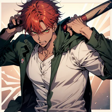 1 male, anime boy, delinquent, red hair, green eyes, dark tanned skin, piercings, pointy teeth, angry face, muscly, holding baseball bat, japanese school guy, gakuran jacket, school background,