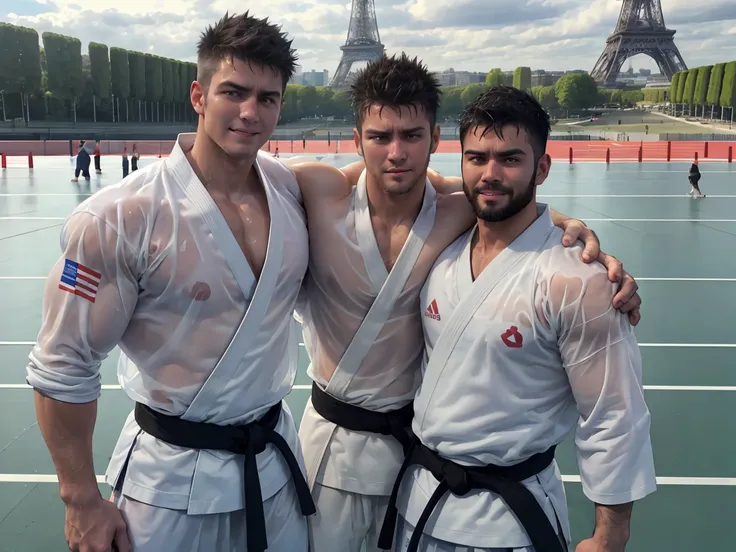 2men standing side-by-side, wrestlers, European, patting each others shoulder, wearing detailed transparent karate gi, wearing detailed wet karate gi, wearing detailed see-through karate gi, outdoor Olympic arena in front of Eiffel Tower, black hair, short...