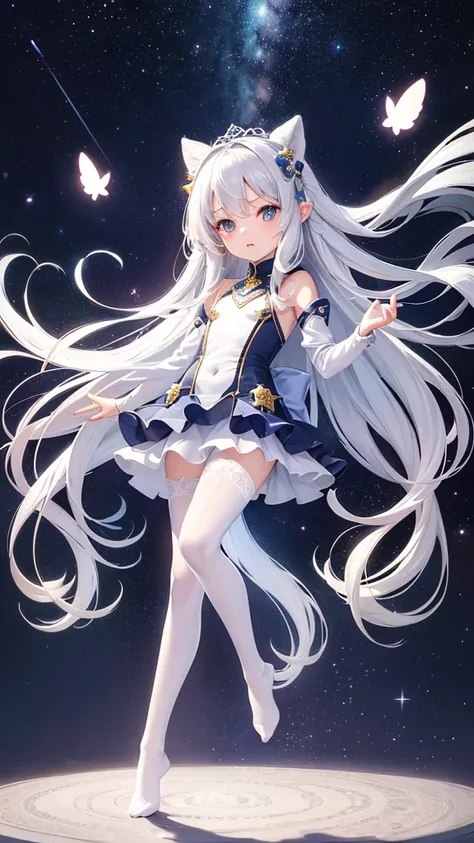 Little Loli，masterpiece, high resolution, best quality, Very detailed,wallpaper，Space starry sky background，Cute and cute，A body made of white jade，Silver long hair，Height one meter five，V-shaped jumpsuit，Full body picture,No shoes，Very small feet，Feet mad...