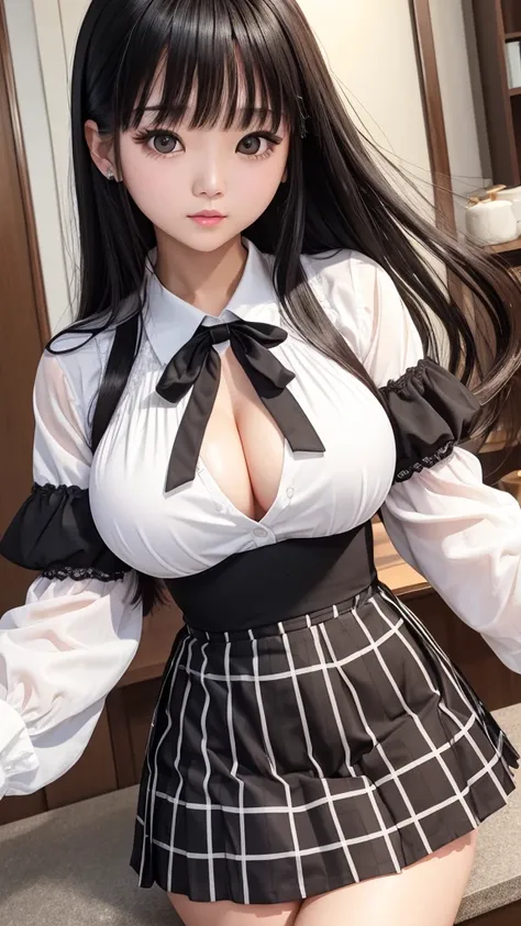 Detailed face、highlight、Asian Girl、thigh、Tabletop、breast enhancement、Bodyline、Black Hair、Heavy bangs、Checkered Skirt、White blouse、Support your chest with both arms、