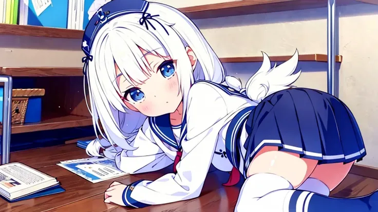 Extremadamente detallado gran calidad de imagen 1 white-haired girl with ribbon decorations on her head, blue eyes in school mini skirt navy Women with white stockings at home