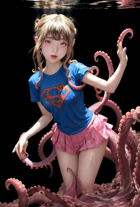 arafed girl in a torn supergirl (12-year old) shirt under water with octopus tentacles, covered with tentacles, tentacles around...