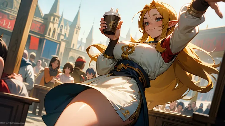 Anime Style,Nostalgic,Detailed background,The medieval world,A crowded and lively movie theater,Beautiful smiling bard elf with five fingers holding coffee,Large Breasts,Healthy thighs,Underarm