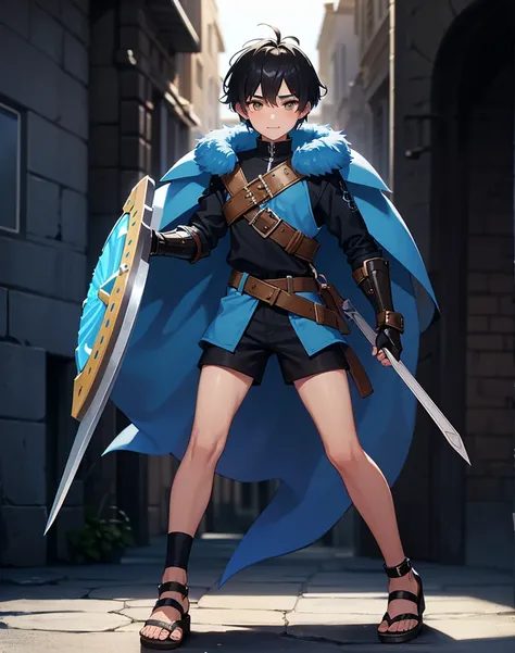 Young 13-year-old boy with black hair and brown eyes, innocent and happy, dressed in short neon-blue medieval barbarian clothes, fur shorts, light-blue battle armor, weilding silver sword and shield, sandals; fullbody; short hair, boyish athletic, sexy, me...