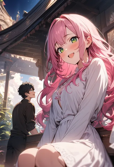 (couple), girl and boy, 1boy, (boy with green eyes, short black curly hair), 1girl, (girl with red eyes, vibrant pink long hair), intimate, rich in detail, happy expression, love, long shot, wide angle, (masterpiece, best quality, aesthetic, heavenly)