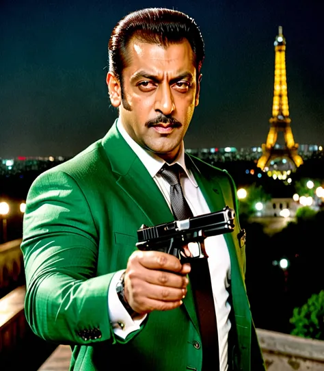 ((Salman Khan)) Masterpiece, best quality, male focus, 1man, there is a man in a suit holding a gun in his right hand, headshot profile picture, solo, solo focus, man with a gun, dramatic wielding gun pose, holding gun, with pistol, holding a gun, headshot...