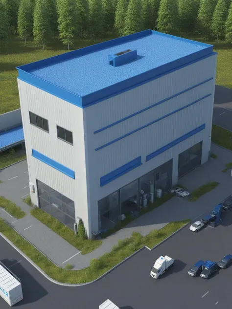 rendering of a building with a blue roof and a parking lot, diaper disposal factory, introduction factory photo, detailed factory, rendering of log pile factory, factory, bio factory, version 3, very sad, futuristic production facility, exterior shot, hq v...