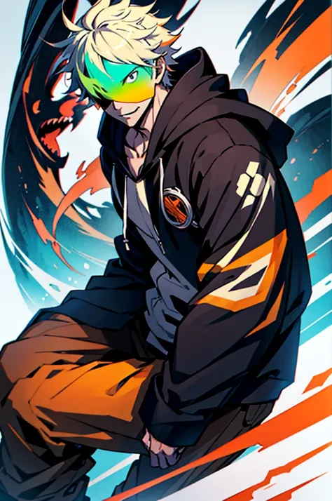 (Best Quality:0.8), (Best Quality:0.8), perfect anime illustration, anime boy in black hoodie with orange hair and blue eyes with white smile, a character portrait inspired by Sakai Hōitsu, trend on pixiv, what is?, handsome boy in Demon Slayer art, anime ...