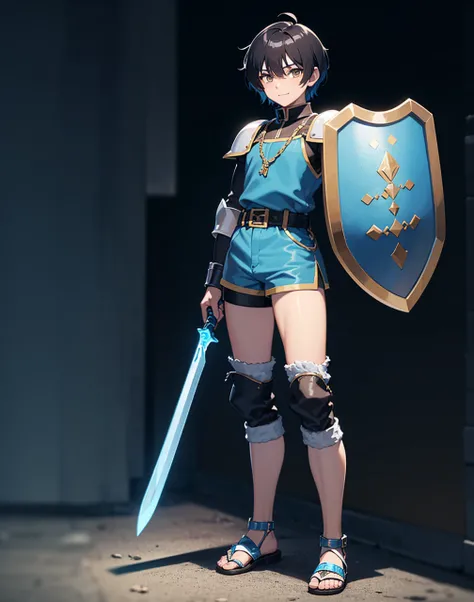 Young 13-year-old boy with black hair and brown eyes, innocent and happy, dressed in short neon-blue medieval barbarian clothes, fur shorts, light-blue battle armor, weilding silver sword and shield, sandals; fullbody; short hair, boyish athletic, sexy, me...