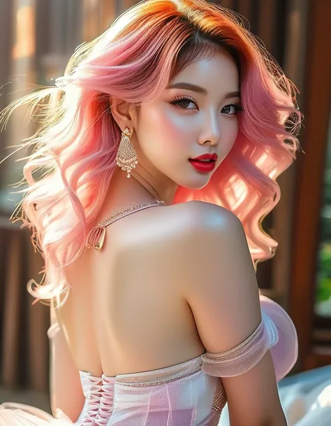 ((top quality、8K、​Masterpiece:1.3))、Extremely delicate beautiful girl，with long pink hair, huge breasts，bigger breasts，amazing breast size，G cup，Sunset。Wear big earrings，Very white skin，moist red lips，Waist is very thin， Thighs are very thin，BIG ASS，expose...