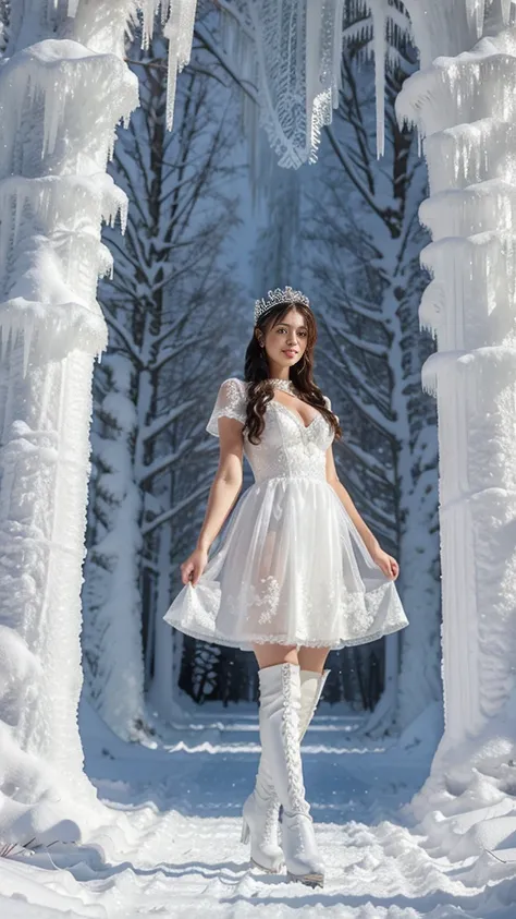 woman walking in a snowy sunny magical forest in a white lace dress and stiletto boots, on her head a crown of icicles, against the backdrop of an ice castle