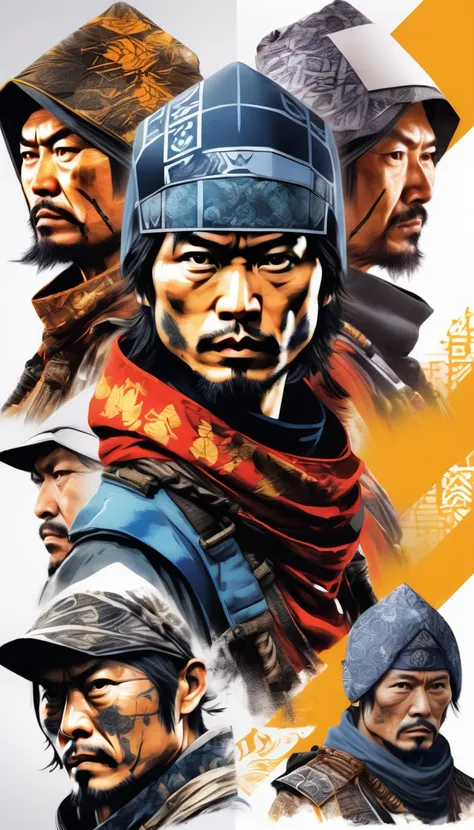 infographic character design,  multiple concept designs, concept design sheet, blue print paper, photo realistic , 3D, UHD, mixed style of yoji shinkawa, hideo kojima and Yoshitaka Amano , malay warrior wearing minimalist shiny Sukajan hoodie jacket with (...