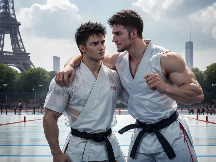 2men standing side-by-side, wrestlers, European, patting each others shoulder, wearing detailed transparent karate gi, wearing detailed wet karate gi, wearing detailed see-through karate gi, outdoor arena in front of Eiffel Tower, black hair, short hair, s...