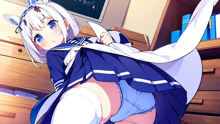 Extremadamente detallado gran calidad de imagen 1 white-haired girl with ribbon decorations on her head, blue eyes in school mini skirt navy Women with white stockings at home show panties