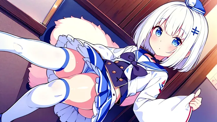 Extremadamente detallado gran calidad de imagen 1 white-haired girl with ribbon decorations on her head, blue eyes in school mini skirt navy Women with white stockings at home show panties