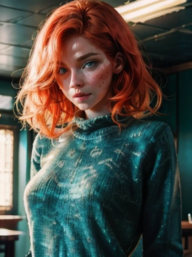 1 Irish woman, extremely beautiful and very legitimate redhead. Extremely slender, with freckles, big bright blue eyes, wearing green sweater falling down showing shoulders, symmetrical body, sensualizing, pouting with orgasmic expression, highly arousing,...