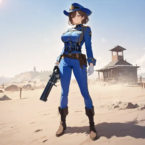 A woman wearing a blue sheriffs uniform, blue pants, blue jacket, blue cowboy boots, blue military hat, sunglasses, smiling, holding a traditional sheriffs revolver, standing on dirt ground in a western town classic, dust background, brown hair, short hair...