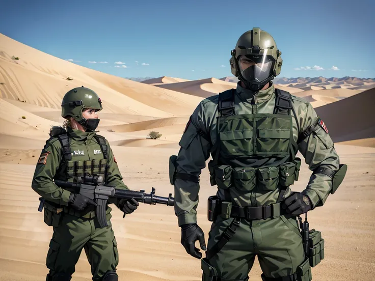 olive green armed guard with helmet and riot shield looking angry at me in desert