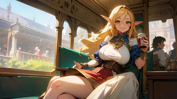 Anime Style,Nostalgic,Detailed background,The medieval world,A busy train with lots of people,Smiling bard beautiful elf girl holding coffee,Large Breasts,Healthy thighs,Underarm