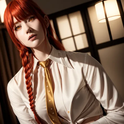 masterpiece, (photorealistic:1.4), best quality, beautiful lighting,
(ulzzang-6500:0.5), makima (chainsaw man), (red hair)+(long braided hair)+(bangs), yellow eyes, golden eyes, ((ringed eyes)), (white shirt), (necktie),
RAW photo, 8k uhd, film grain 