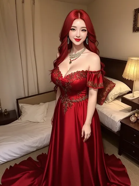 1girl, long hair, red hair, green eyes, red lips, red eyeshadow, diamond necklace, smile, blush, happy face, full body, huge breasts, mature female, korean girl, gown dress, long dress, off shoulder dress,  bedroom,