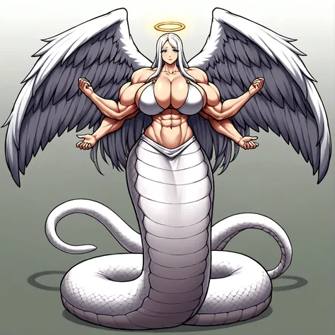 Lamia, long white hair, halo, big angel wings, gigantic muscle, erect penis, big breasts, 4 arms, 4 arms, full body.