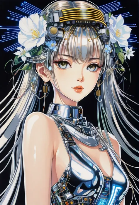 Portrait of beautiful lady with flower crown and electronic circuit dress , all with the style of Hajime Sorayama.