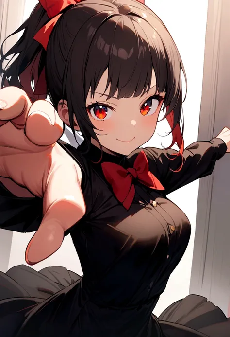 (((pixel-perfect, detail-perfect))), solo, 1girl, kaguya yamai, black dress, red bowtie, hair bow, looking at viewer, smile, ((action pose))