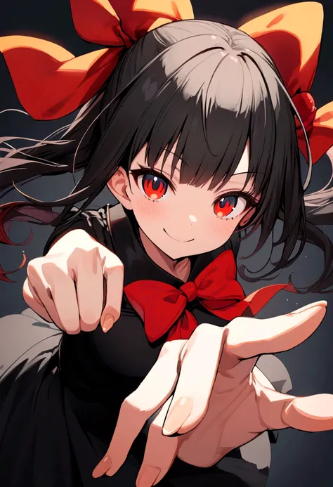 (((pixel-perfect, detail-perfect))), solo, 1girl, kaguya yamai, black dress, red bowtie, hair bow, looking at viewer, smile, ((action pose))