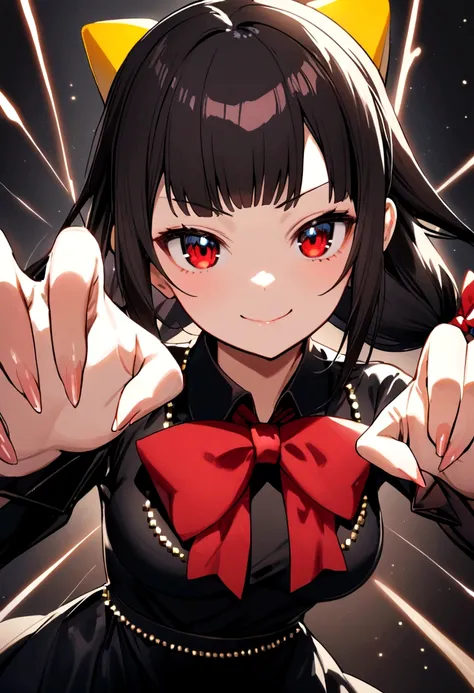 (((pixel-perfect, detail-perfect))), solo, 1girl, kaguya yamai, black dress, red bowtie, hair bow, looking at viewer, smile, ((action pose))