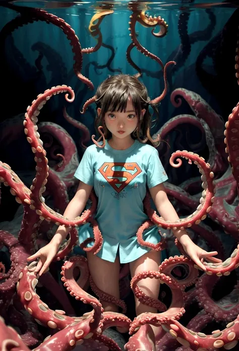 arafed girl in a torn supergirl (12-year old) shirt under water with octopus tentacles, covered with tentacles, tentacles around...