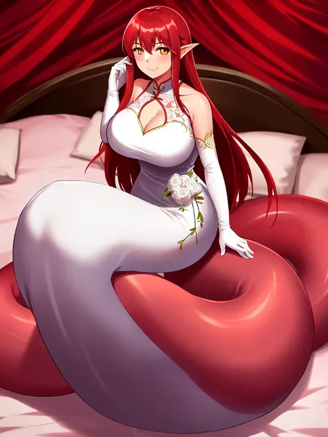 1girl, red lamia, scales, tail, full body, smile, long hair, red hair, yellow eyes, blush, happy face, bedroom, wedding dress, chinese girl, mature female, huge breasts, elbow gloves, white gloves,