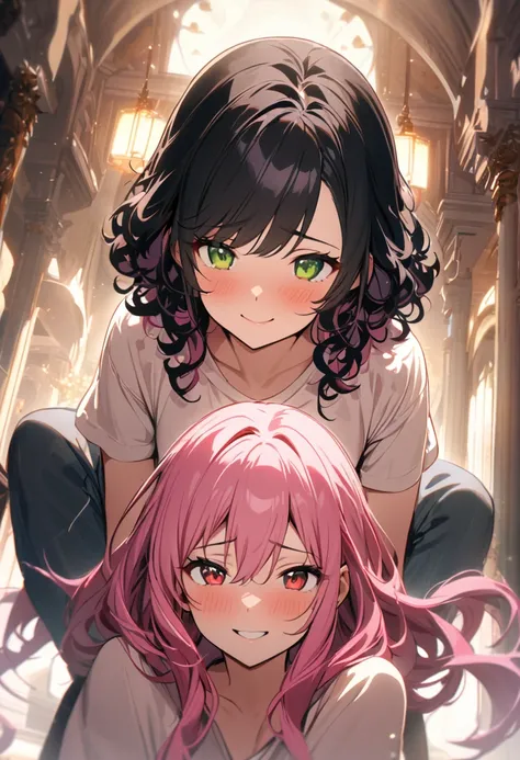 (couple), girl and boy, 1girl, (girl with red eyes, vibrant pink long hair), 1boy, (boy with green eyes, short black curly hair), intimate, rich in detail, happy expression, love, long shot, wide angle, (masterpiece, best quality, aesthetic, heavenly)
