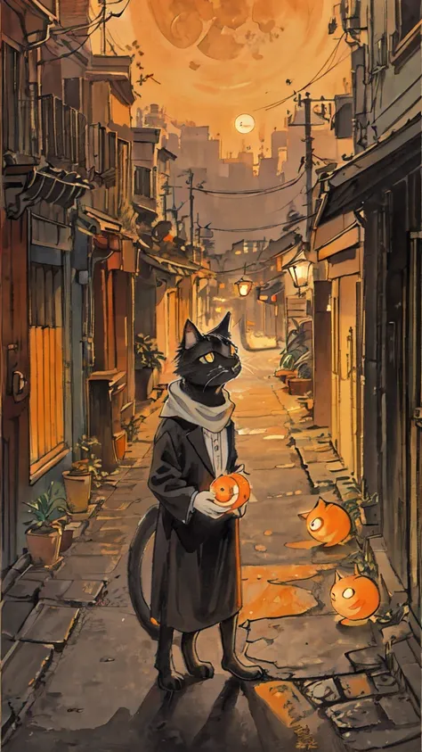 cat,orange,cute,big eyes,masterpiece,full moon,alley