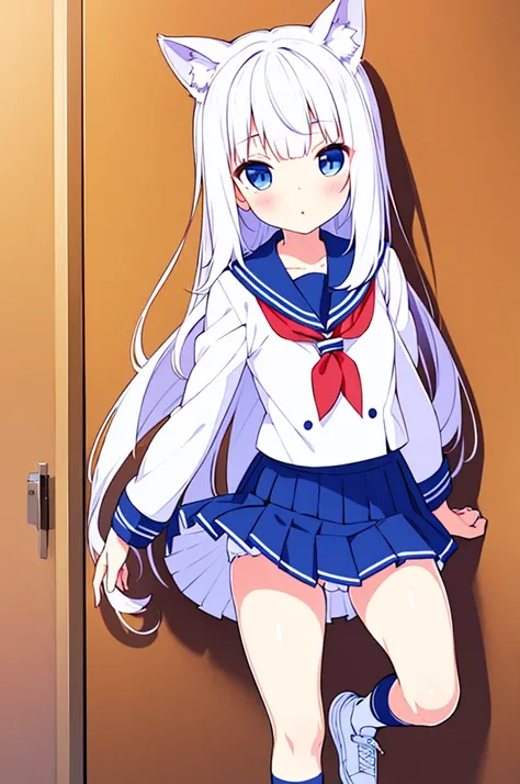 school gymnasium　primary school girl　
8 years　by plan　long white hair blue eyes white are （（1 person））　White Sailor Uniform Half Sleeve Top　Navy blue underbody mini skirt（（White panties are visible.））　black socks　sneakers　stand next to the wall　Open your l...