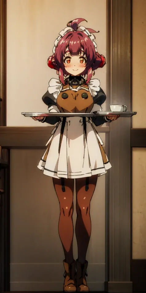 far shot view from below full body standing straight symmetrical, lustful smirking smile face red blush red cheeks, looking at viewer, holding tray, braid, maid headdress, maid, dress, apron, long sleeves, brown pantyhose, long leather militar boots, thigh...