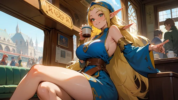 Anime Style,Nostalgic,Detailed background,The medieval world,A busy train with lots of people,Smiling bard beautiful elf girl holding coffee,Large Breasts,Healthy thighs,Underarm