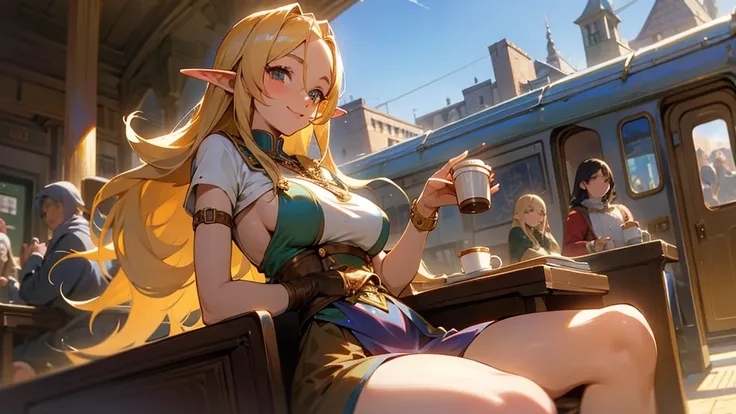 Anime Style,Nostalgic,Detailed background,The medieval world,A busy train with lots of people,Smiling bard beautiful elf girl holding coffee,Large Breasts,Healthy thighs,Underarm