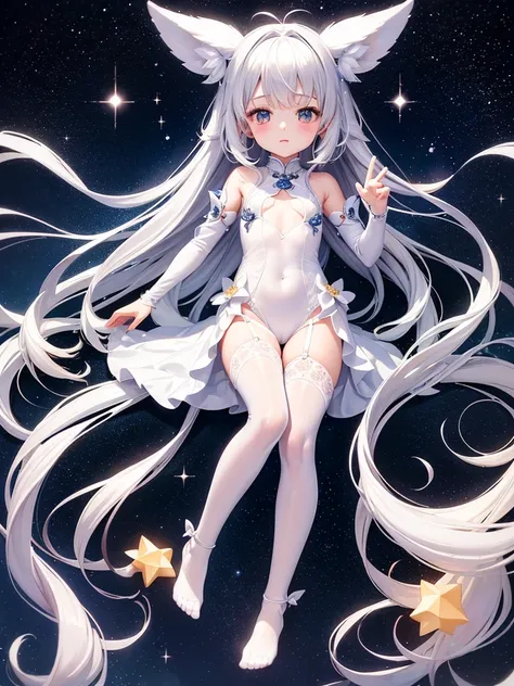 Little Loli，masterpiece, high resolution, best quality, Very detailed,wallpaper，Space starry sky background，Cute and cute，A body made of white jade，Silver long hair，Height one meter five，V-shaped jumpsuit，Full body picture,No shoes，Very small feet，Feet mad...