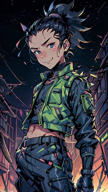 (8k),(masterpiece),(Japanese),(8-year-old boy),((innocent look)),((Childish)),From the front,smile,cute,Innocent,Kind eyes,Flat chest, Nara Shikamaru, semi-lomg,Hair blowing in the wind, Black spiky ponytail Hair,Strong wind,night,dark, Neon light Cyberpun...