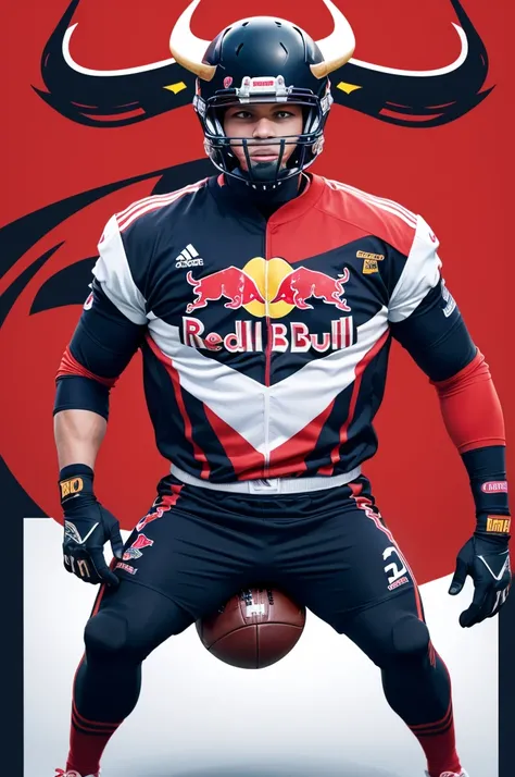 Make a football logo with the word RED BULL with the year 2024 with the colors black and red and a buffalo