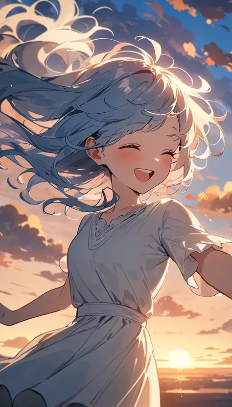 masterpiece, Highest quality, Movie stills, 1 Girl, Cloud Girl, Floating in the sky, close, bright, Happy, Warm and soft lighting, sunset, (spark:0.7)