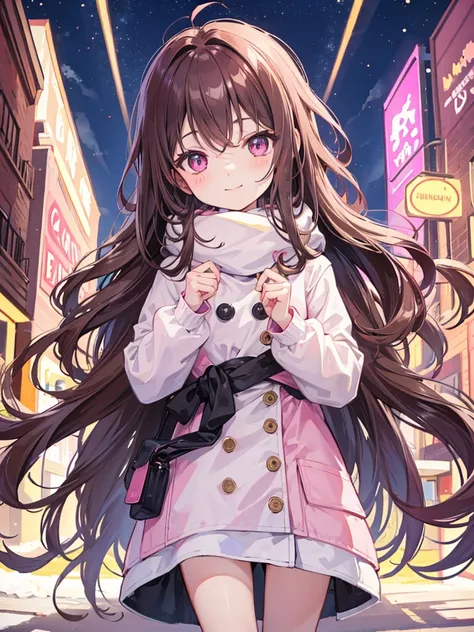 , pink eyes, long wavy curry brown hair, kid.  background in town at night winter. kind smile